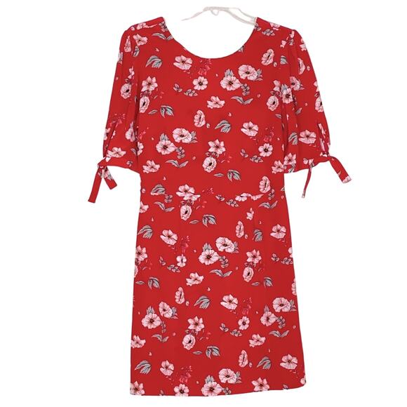Intermix Silk Red Floral Mini dress flower shift cut out back ties bow twee sz M - Picture 3 of 13